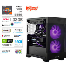 Računalnik MEGA MT S7X R7-5800X/RTX5060Ti-16GB/32GB/1TB-4.0/750W/Brez OS/črna RGB + Estetski napajalni kabli [Zelena / Črna]